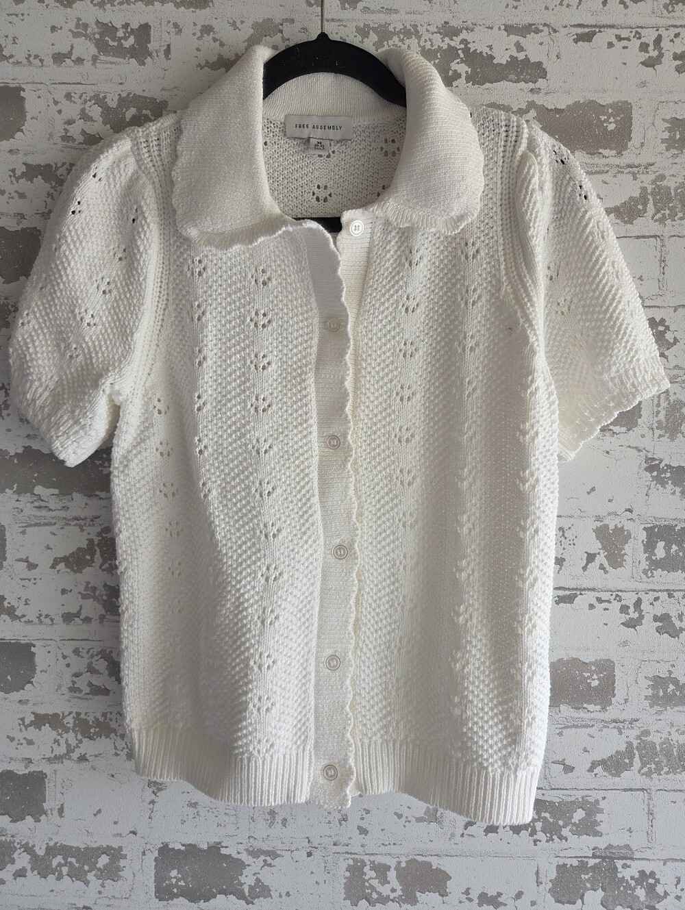 ​Free Assembly 100% Cotton Pointelle Short Sleeve Cardigan Polo Top XS